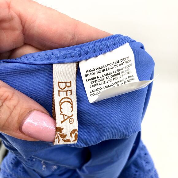 BECCA Color Play Crochet One Piece Swimsuit Medium Blue Cornflower Plunge NWT - Picture 11 of 12